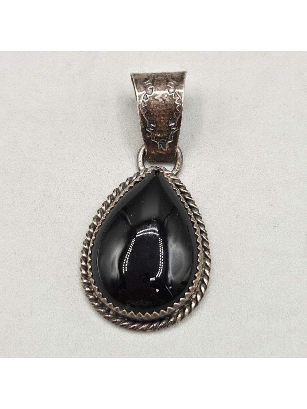 Navajo PY Sterling Silver Black Onyx Teardrop Pendant Southwestern Vintage 9g